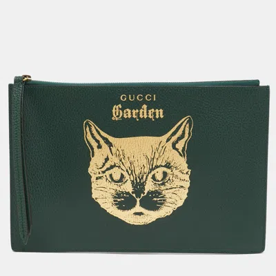 Pre-owned Gucci Green/gold Leather Garden Cat Zip Pouch