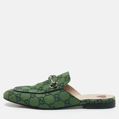 Pre-owned Gucci Green/navy Blue Gg Canvas Princetown Horsebit Flat Mules Size 38