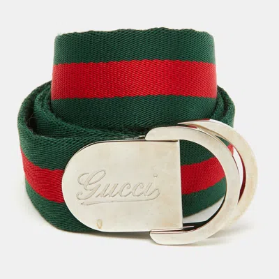 Pre-owned Gucci Green/red Fabric Web Buckle Belt 90cm