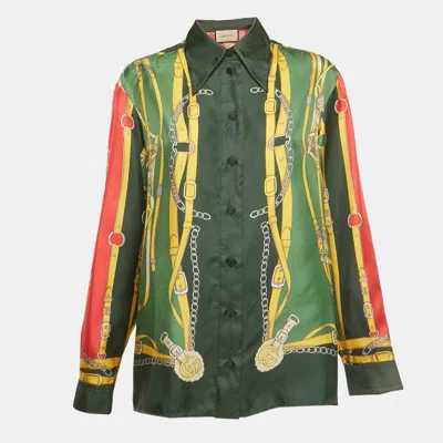 Pre-owned Gucci Green/red Printed Silk Long Sleeve Shirt M