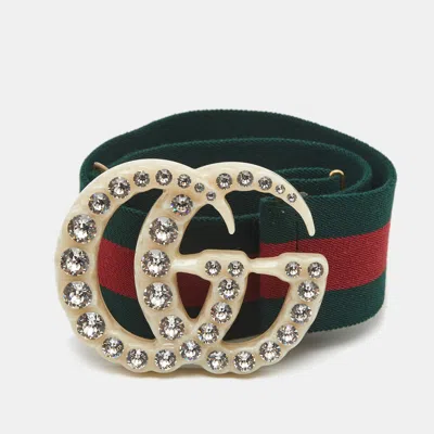 Pre-owned Gucci Green/red Web Elastic Canvas Gg Crystals Embellished Buckle Belt 80cm