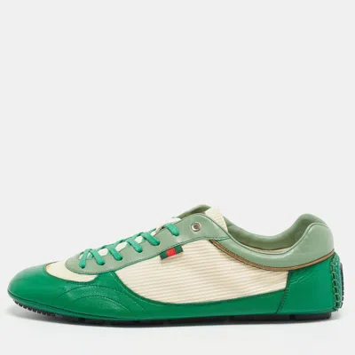 Pre-owned Gucci Green/white Leather And Fabric Low Top Sneakers Size 45.5