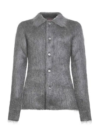 GUCCI GREY BRUSHED MOHAIR WOOL BLEND CARDIGAN