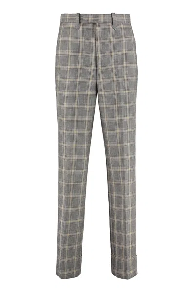 Gucci Prince Of Wales Checked Wool-linen Blend Trousers In Grey