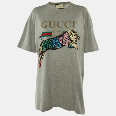 Pre-owned Gucci Grey Cotton Tiger Embellished Crew Neck T-shirt L In Gray