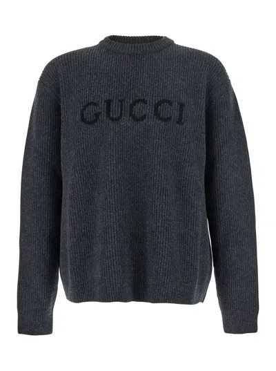 Gucci Grey Crewneck Sweater With Logo Lettering Embroidery On The Front In Wool Man In Gray