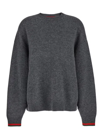 Gucci Grey Crewneck Sweater With Web Detail On The Cuffs In Wool And Cashmere Blend Woman In Gray