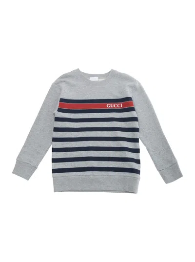 Gucci Kids' Grey Crewneck Sweatshirt With Logo Lettering On The Front And Striped Print In Cotton Boy In Gray