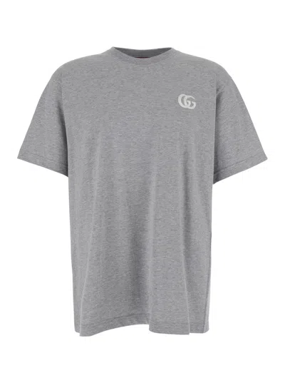 Gucci Grey Crewneck T-shirt With Double G Embroidery On The Front In Fabric Man In Gray