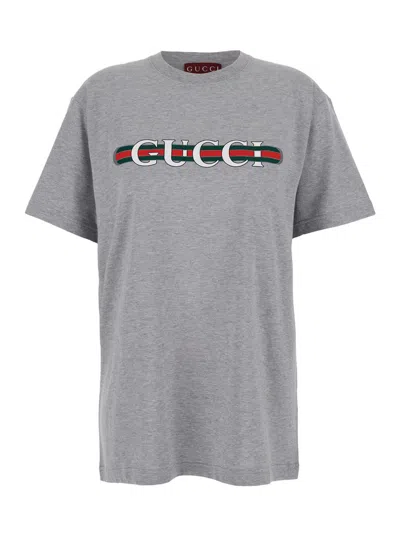Gucci Grey Crewneck T-shirt With Logo Lettering And Web Detail On The Front In Cotton Woman In Gray