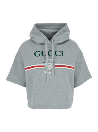 Gucci Grey Crop Sweatshirt With Hood And Lettering Logo Printed On The Front In Cotton Woman In Multicolor