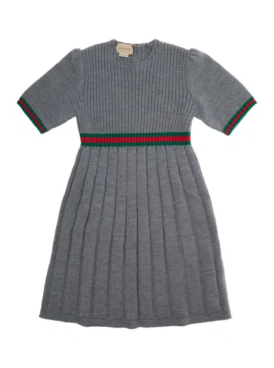 GUCCI GREY DRESS WITH ROUND NECK AND WEB DETAIL IN WOOL GIRL