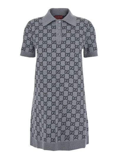 Gucci Grey Dress With Wide Collar And All-over Gg Motif In Wool Woman In Gray