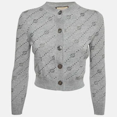 Pre-owned Gucci Grey Embellished Monogram Cashmere Cardigan Xxs In Gray