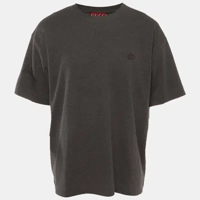 Pre-owned Gucci Grey Embroidered Logo Jersey Crewneck T-shirt Xxl In Gray