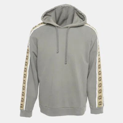 Pre-owned Gucci Grey Gg Band Trim Cotton Hoodie L In Gray