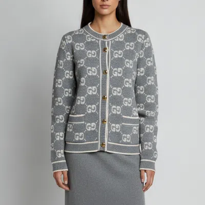 Pre-owned Gucci Grey Gg Boucle Jacquard Wool Button Front Cardigan L