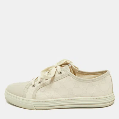Pre-owned Gucci Grey Gg Canvas And Leather Lace Up Sneakers Size 37.5 In Gray