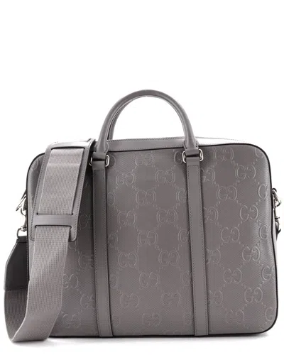Pre-owned Gucci Grey Gg Embossed Perforated Leather Briefcase Medium (authentic Pre-  Loved)