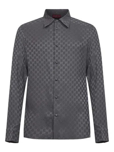 Gucci Grey Gg Jacquard Silk Slim-fit Shirt In Gray