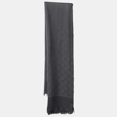 Pre-owned Gucci Grey Gg Monogram Jacquard Wool & Silk Scarf