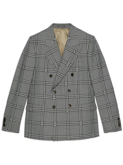 Gucci Double-breasted Checked-wool Blazer In Grey