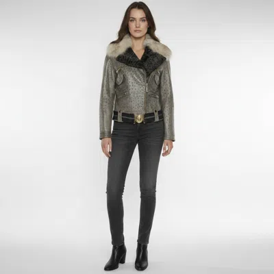 Pre-owned Gucci Grey Leather Fur Collared Zip Up Jacket M In Gray