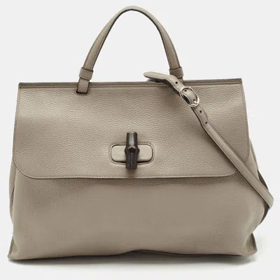 Pre-owned Gucci Grey Leather Large Bamboo Daily Top Handle Bag In Gray
