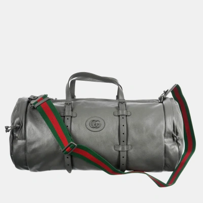 Pre-owned Gucci Grey Leather Tonal Double Gg Large Duffle Bag In Black