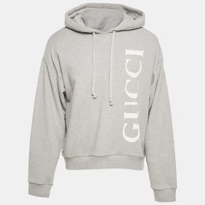 Pre-owned Gucci Grey Logo Print Cotton Hooded Sweatshirt M In Gray