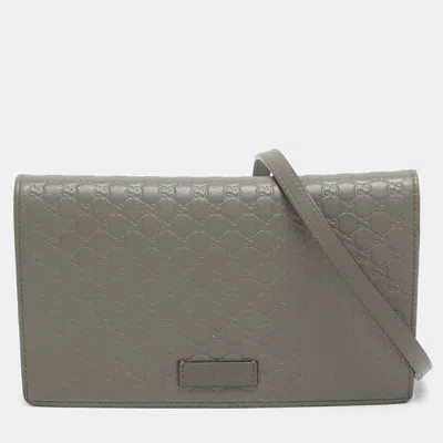 Pre-owned Gucci Grey Microssima Leather Flap Wallet On Strap In Gray