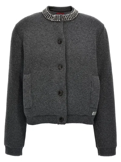 GUCCI GREY PADDED CARDIGAN WITH JEWEL COLLAR
