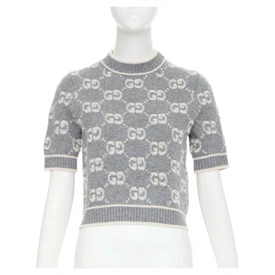 Pre-owned Gucci Grey Pale Pink Wool Gg Monogram Intarsia Boucle Crop Sweater Xs