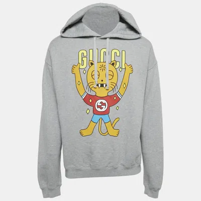Pre-owned Gucci Grey Printed Cotton Hooded Sweatshirt M In Gray