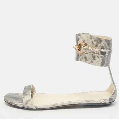 Pre-owned Gucci Grey Python Embossed Leather Horsebit Flat Sandals Size 39.5