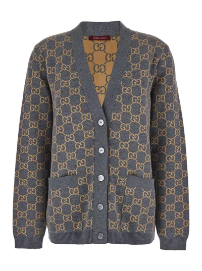Gucci Grey Reversible Cardigan With V Neck In Gg Canvas Woman In Blue