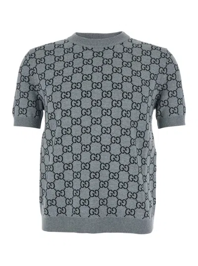 Gucci Grey Reversible Crewneck Sweater With Ribbed Trims In Gg Wool Jacquard Woman In Gray