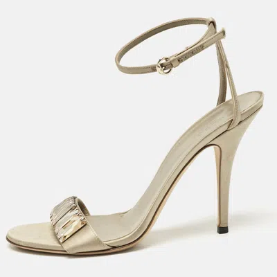 Pre-owned Gucci Grey Satin Crystal Embellished Ankle Strap Sandals Size 38.5