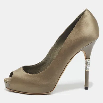 Pre-owned Gucci Grey Satin Horsebit Crystal Embellished Peep Toe Pumps Size 36