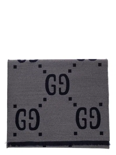 Gucci Grey Scarf With Jacquard Gg Motif In Wool And Silk Man In Multicolor
