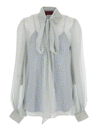 Gucci Women Grey Shirt With All-over Floral Print In Silk Chiffon Woman In Blue