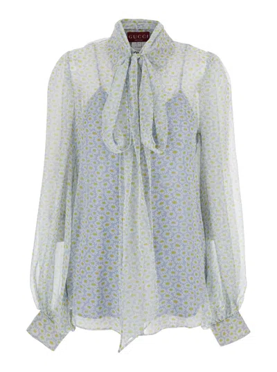 Gucci Light Blue Printed Chiffon Shirt In Multi