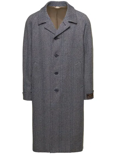 Gucci Long Houndstooth Wool Coat With Peaked Lapels In Gray