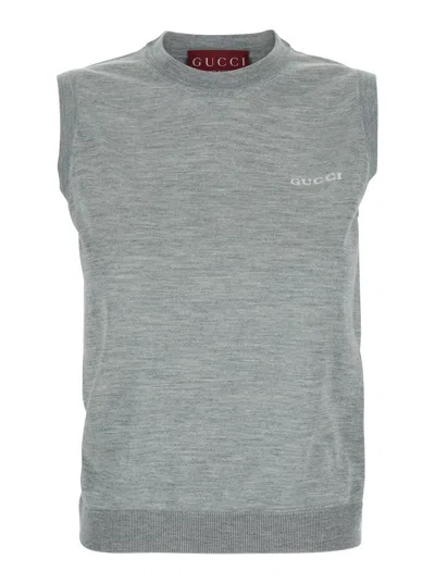 Gucci Grey Sleeveless Sweater With Logo On The Front In Cashmere Woman In Multicolor