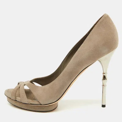 Pre-owned Gucci Grey Suede Bamboo Heel Open Toe Pumps Size 39.5