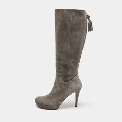 Pre-owned Gucci Grey Suede Bamboo Tassel Knee Length Platform Boots Size 39