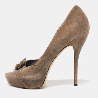 Pre-owned Gucci Grey Suede Double Bow Peep Toe Pumps Size 40.5
