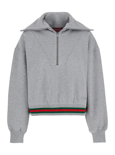 Gucci Grey Sweatshirt With Half Zip Closure And Web Detail On The Waist In Jersey Woman In Multicolor