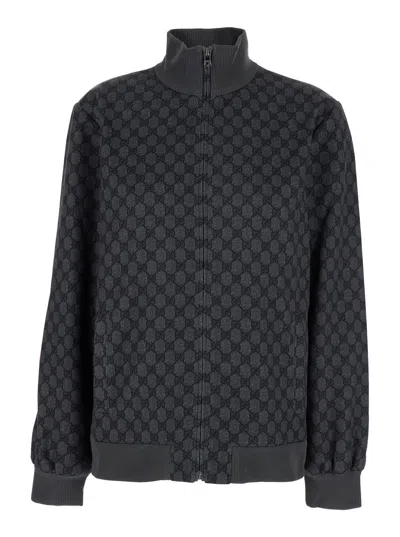 Gucci Grey Sweatshirt With High Neck And All-over Gg Print In Tech Fabric Woman In Black