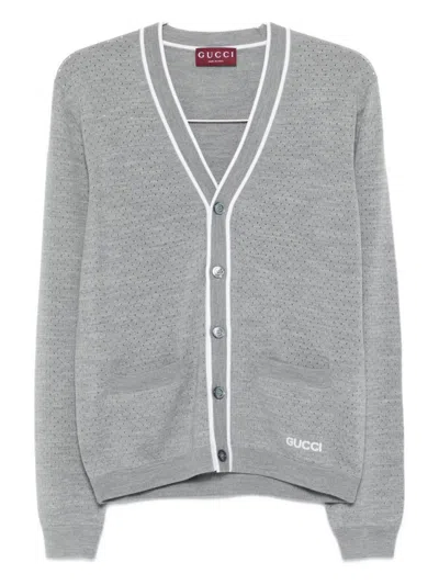 Gucci Grey V-neck Logo Cardigan In Gray